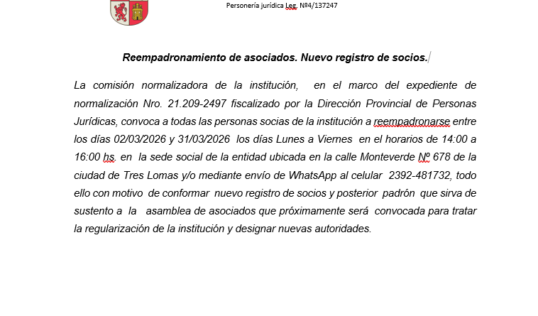 Reempadronamiento de asociados. Nuevo registro de socios.