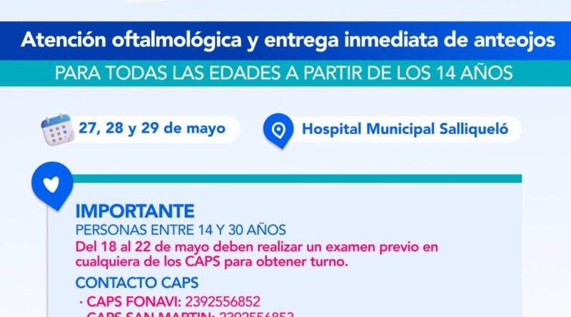 Atención oftalmológica y entrega inmediata de anteojos, para todas las edades a partir de los 14 años.
