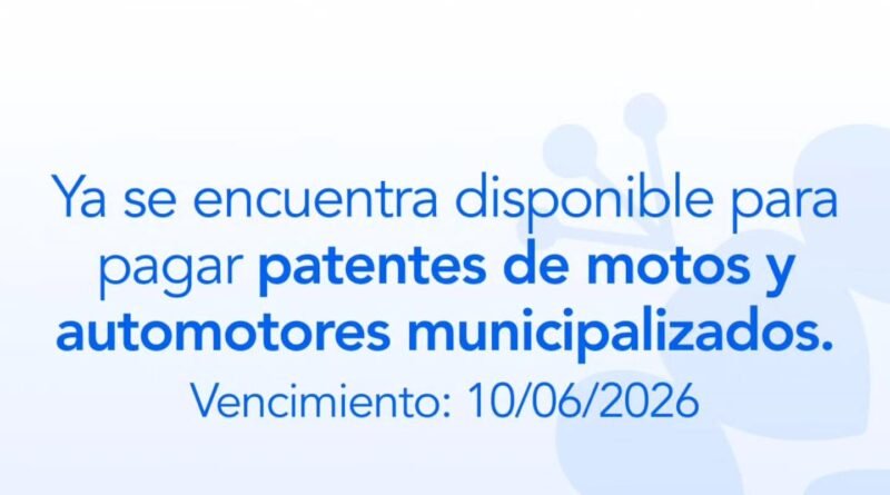 La Dirección de Rentas informa que ya se encuentra habilitado el pago de patentes de motos y automotores municipalizados.