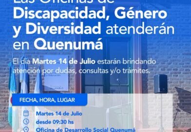 LAS OFICINAS DE DISCAPACIDAD, GÉNERO Y DIVERSIDAD ATENDERÁN EN QUENUMÁ