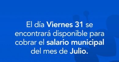 Aviso para trabajadores municipales: Informamos que el viernes 31 estará disponible el pago del salario municipal correspondiente al mes de julio.