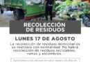 Recolección de residuos para el feriado del lunes 17 de agosto.