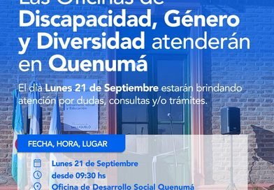 LAS OFICINAS DE DISCAPACIDAD, GÉNERO Y DIVERSIDAD ATENDERÁN EN QUENUMÁ